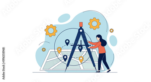 Woman Using Large Compass Tool on Map Illustration.