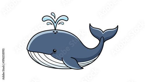 Adorable cartoon blue whale with a big smile and water spouting from its blowhole shown against a clean white background for kids design.