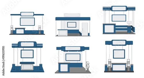 Collection of modern exhibition booth designs in blue and white colors showing different layouts for trade shows and events.