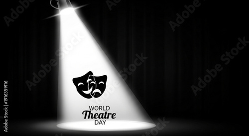 World theatre day logo with spotlight on black background comedy tragedy masks