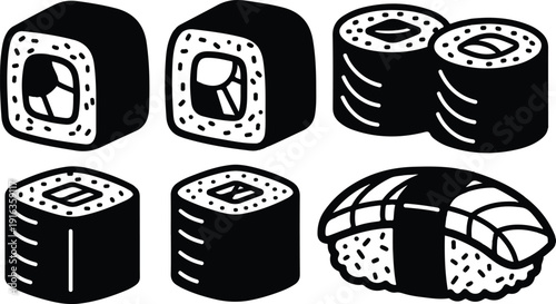 Assorted sushi rolls and nigiri illustrations on a clean background viewed from directly above