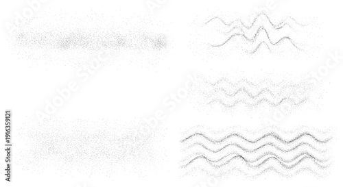 Various grain and noise texture patterns resembling dust clouds or static spray isolated on a white background in monochrome.