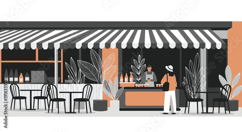 Stylish outdoor cafe scene featuring customers, a barista, striped awning, and decorative plants in a modern limited color palette.