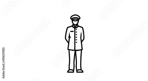Simple black and white illustration of a uniformed person with a cap