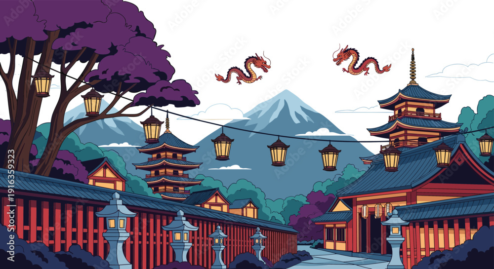 Fototapeta premium Traditional Japanese village landscape featuring pagodas, stone lanterns, and red dragons flying over snowy mountains in pixel art.