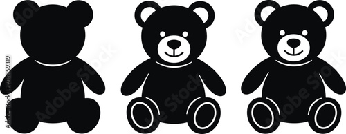 Set of teddy bear silhouettes and cartoon icons isolated on white background, black toy shapes collection for children design, baby illustration, and playful graphics