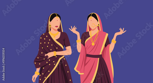 Two Indian women dressed in elegant traditional saris with jewelry standing against a solid purple background in a flat style.