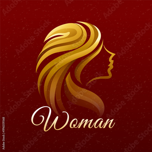 Golden Woman Hair Logo for International Women’s Day 8 March , Luxury Beauty Salon Branding Vector