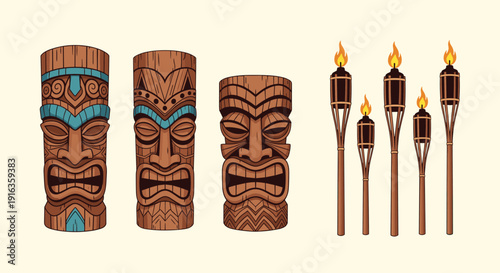 Set of three carved wooden tiki masks with different expressions and several lit torches isolated on a light background.