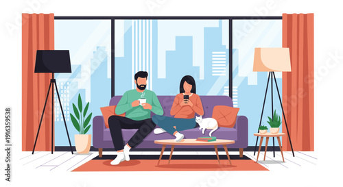 Relaxing living room scene showing a man and woman on a sofa with coffee and a phone in front of a large city window.