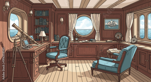 Traditional maritime study room on a ship featuring wooden furniture, a telescope, bookshelves, and circular porthole windows.