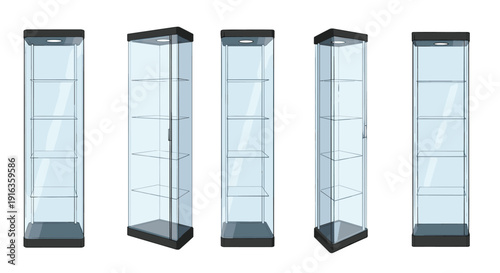 Collection of tall glass display cabinets with black bases and tops shown from multiple angles for retail or exhibits.