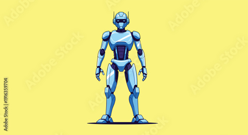 Full-length illustration of a sleek blue futuristic robot standing confidently against a bright yellow background, showcasing advanced technology.