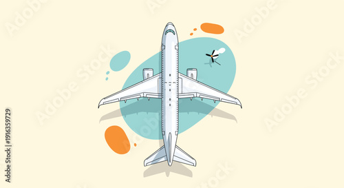 Top-down view of a modern white passenger airplane flying over a stylized background with soft blue and orange shapes, symbolizing global travel.