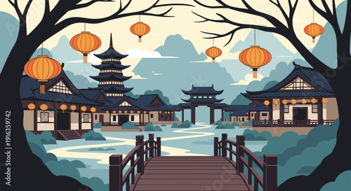 Serene landscape featuring traditional Japanese architecture, a tall pagoda, and stone bridges under orange lanterns during a peaceful twilight hour.