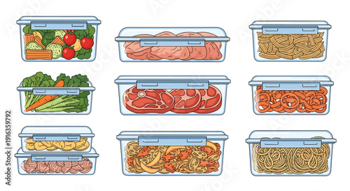 Set of glass food containers filled with various healthy prepped meals including vegetables, meats, pasta, and salads for organized meal planning.