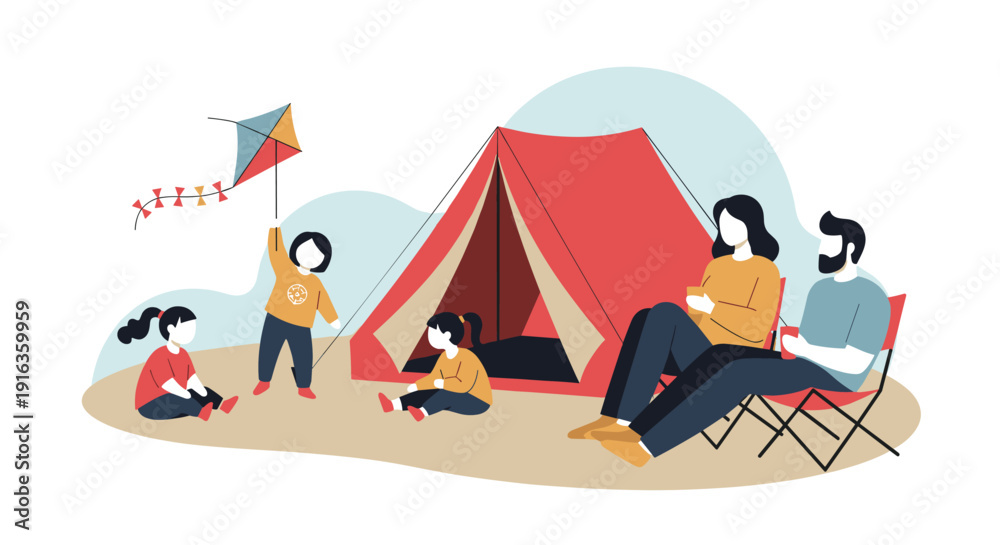 Fototapeta premium Vector illustration of a happy family including parents and three young children enjoying a camping trip together near a red tent outdoors.