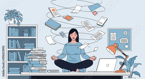 Illustration of a woman meditating at her office desk while books, papers, and mobile phones swirl around her in a chaotic but controlled vortex.
