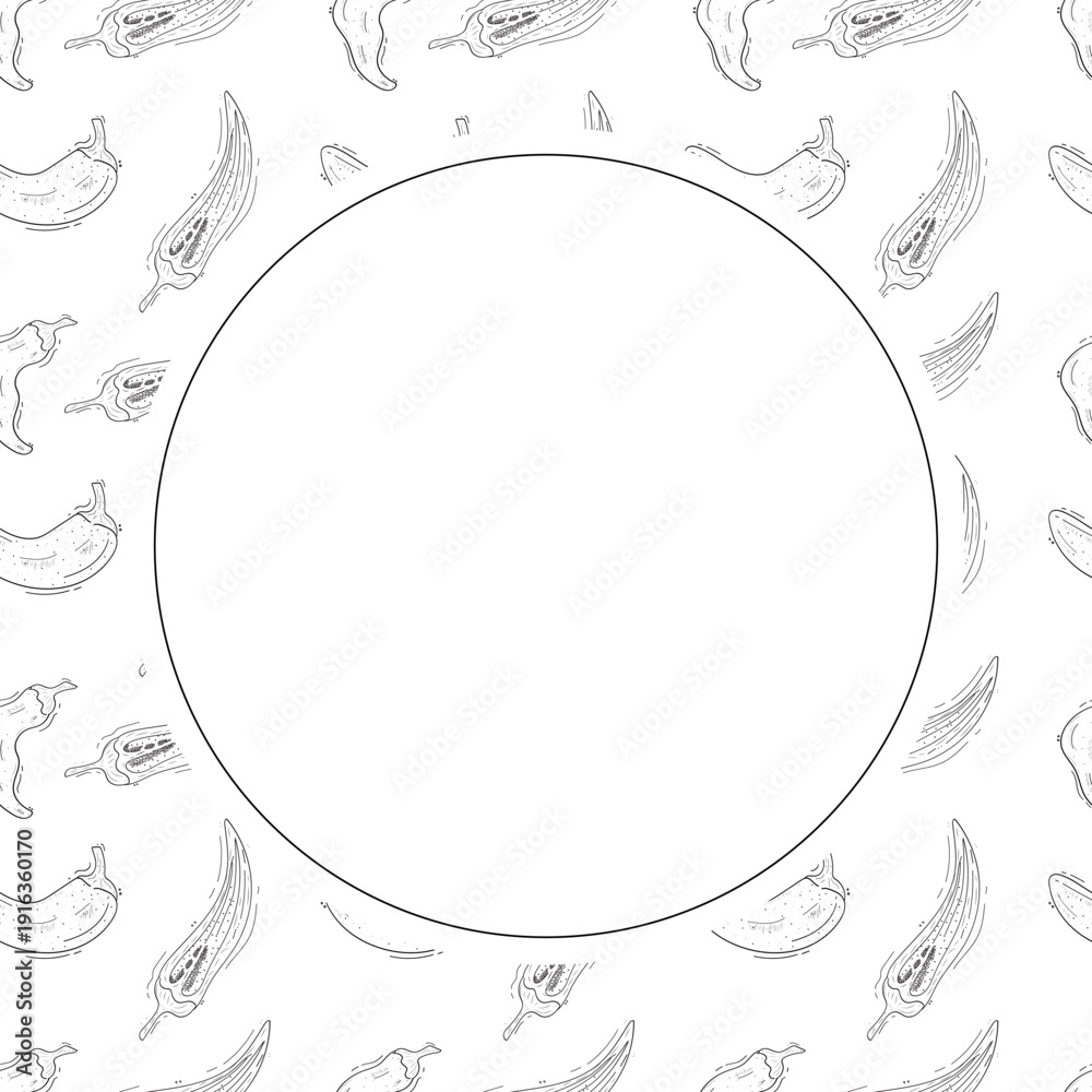 Obraz premium Hand drawn chili pepper circle frame, hot chili frame vintage background