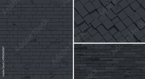 Set of dark gray textures featuring a regular brick wall, a jagged stone surface, and a 3D geometric block pattern for architectural backgrounds.