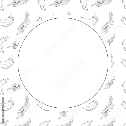 Hand drawn chili pepper circle frame, hot chili frame vintage background