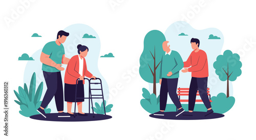 Illustration of compassionate young caregivers assisting elderly people with walking, showing support and kindness in a park-like outdoor setting.