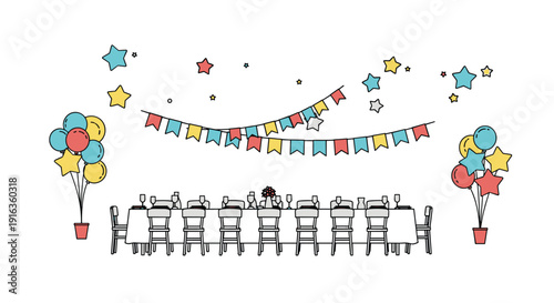 Festive party scene featuring a long dinner table set for guests, decorated with balloons, stars, and colorful pennant banners on a white background.