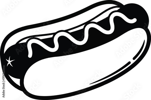 Illustration of a hot dog with condiments on a plain background viewed from the side.