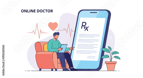 Healthcare concept illustration featuring a man sitting on a chair next to a giant smartphone displaying a digital medical prescription document.