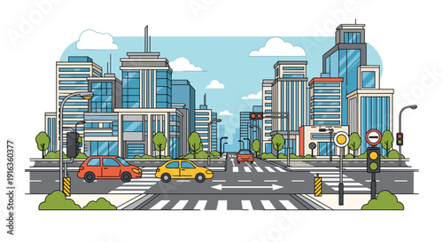 Dynamic urban landscape showing a busy city intersection with colorful cars, skyscrapers, crosswalks, traffic lights, and green trees under a blue sky.
