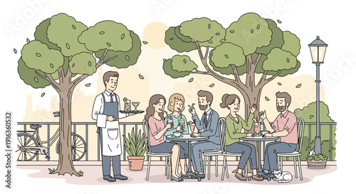 A waiter serves drinks to a group of friends enjoying a meal at an outdoor cafe under the shade of trees.