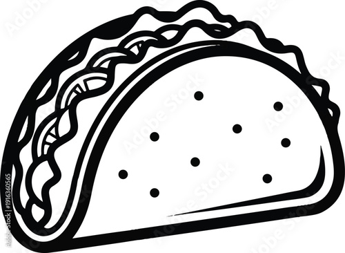 A simple black and white illustration of a taco with lettuce and dots, possibly representing food or a meal, viewed from the side