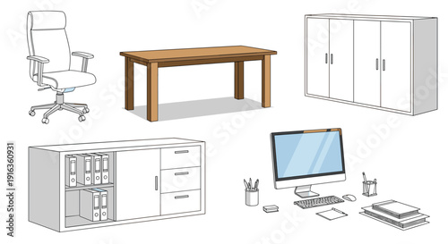 Professional office furniture collection including wooden desk ergonomic chair white filing cabinets and modern computer workstation on white background.