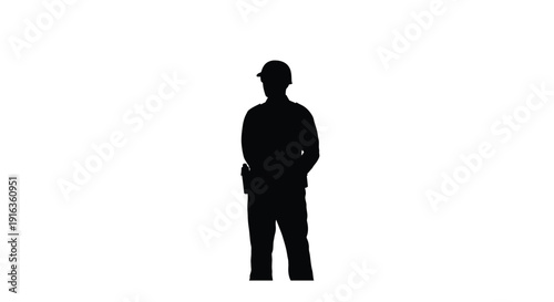 Silhouette of a person wearing a cap and military or police gear