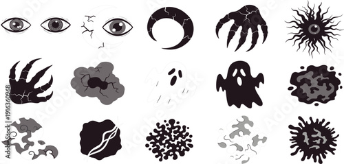 Black and white spooky horror vector set with creepy eyes ghost silhouettes monstrous hands cracked moons and mysterious dark occult hand-drawn design elements.