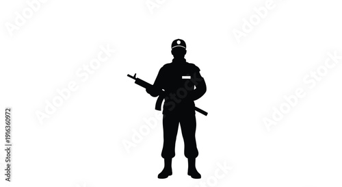 Silhouette of a soldier holding a rifle facing forward against a white background
