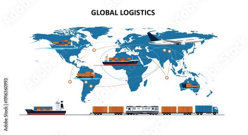 Global logistics and transportation network illustration showing world map with cargo ships aircraft freight train and delivery trucks moving goods.