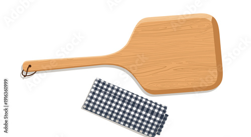 Top view of rustic wooden cutting board with long handle and blue checkered napkin placed on clean white surface for kitchen and culinary use.