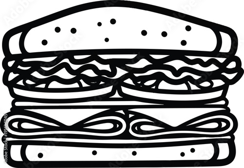 Detailed illustration of a layered burger with sesame seed bun and multiple patties