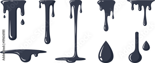 Black glossy liquid drip vector set with thick oil drops melting splashes and shiny dark puddles for premium creative background design elements.