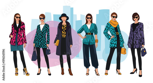 Group of stylish women wearing fashionable colorful outfits and sunglasses walking against blurry blue city skyscraper background for fashion concept.