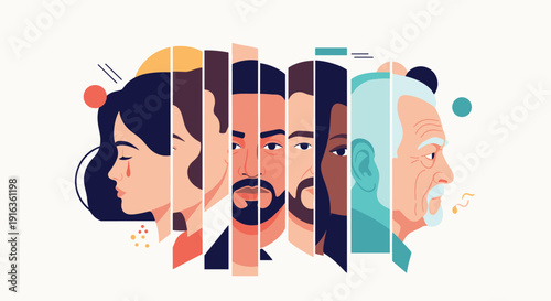 Artistic composition showing slices of various human faces representing different ethnicities ages and emotions for diversity and social connection theme.
