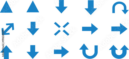 Colorful and blue arrow vector icon set with flat directional pointers navigation symbols for web interface business infographics startup apps and digital UI design elements.