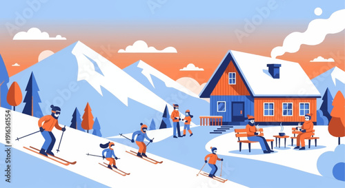 A vibrant illustration of a cozy winter scene with people skiing down a snowy mountain slope towards a warm cabin.