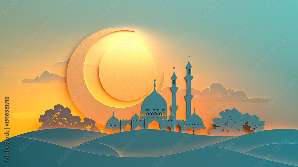 Obraz premium A serene mosque landscape at dusk with crescent moon and sun silhouette