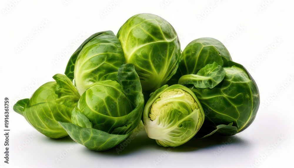 Fototapeta premium Freshly harvested Brussels sprouts, a healthy and nutritious vegetable, ready for cooking.