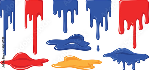 Colorful dripping paint vector set with blue red and yellow liquid splashes melting drops and glossy slime puddles for creative artistic background design elements.