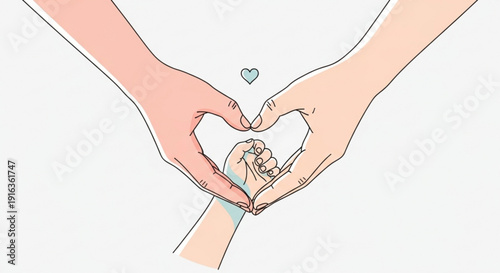Hands forming heart shape with small hands and heart symbol love and care concept