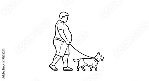 Overweight Man Walking Dog on Leash, Outdoor Activity, Healthy Lifestyle Concept