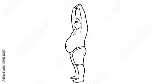 Overweight man stretching arms up, full body, line drawing, white background